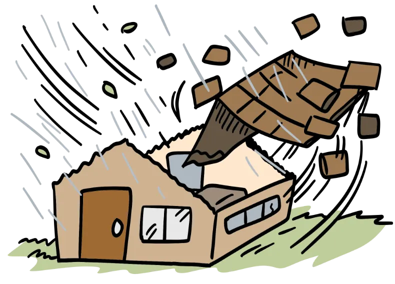 台風で家の屋根が吹き飛ぶイラスト